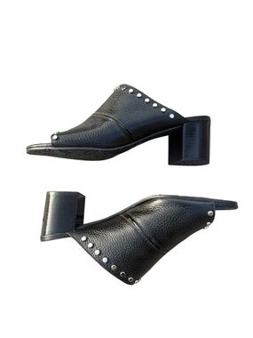Brighton Black Leather Studded Block Heel Mules Slip On 8.5